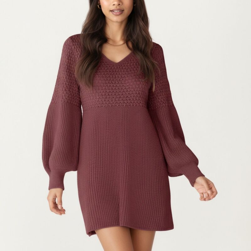 アンナカシ レディース トップス 衣装 軽気球捩り スウェーター 編み物 Anna-Kaci Women\u0027s Long Sleeve Knit Sweater Dress with Textured Stitch Detail and Balloon Sleeves Rustic Red 赤いこと