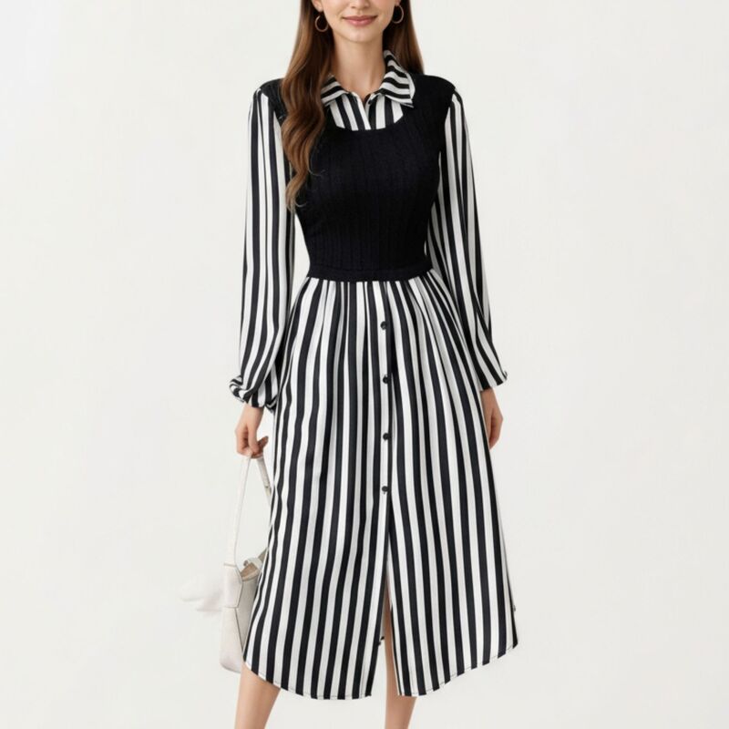アンナカシ レディース トップス 衣装 MIDI オーバーレイ より良い 編み物 Anna-Kaci Women\u0027s Long Sleeve Striped Button-Front Midi Dress with Knit Vest Overlay and Collared Neckline Black 黒いこと