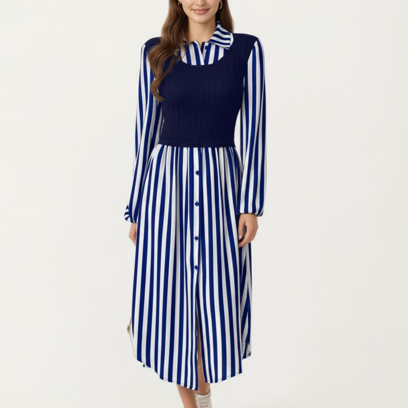 アンナカシ レディース トップス 衣装 MIDI オーバーレイ より良い 編み物 Anna-Kaci Women\u0027s Long Sleeve Striped Button-Front Midi Dress with Knit Vest Overlay and Collared Neckline Blue 青色