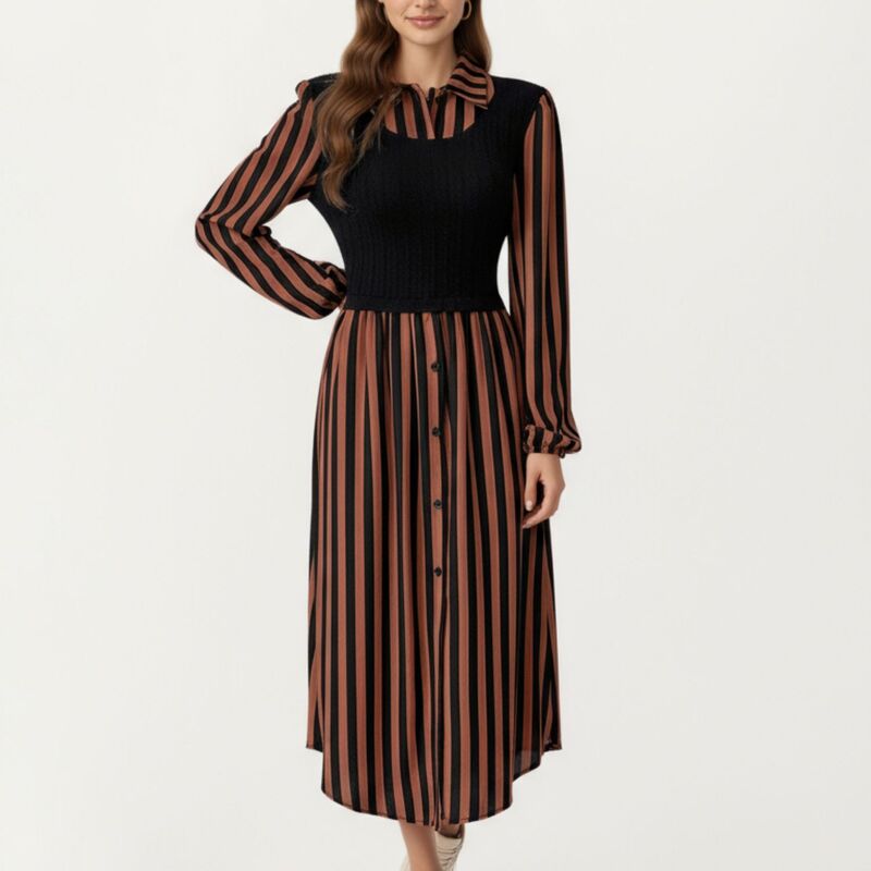 アンナカシ レディース トップス 衣装 MIDI オーバーレイ より良い 編み物 Anna-Kaci Women\u0027s Long Sleeve Striped Button-Front Midi Dress with Knit Vest Overlay and Collared Neckline Brown 赤銅色