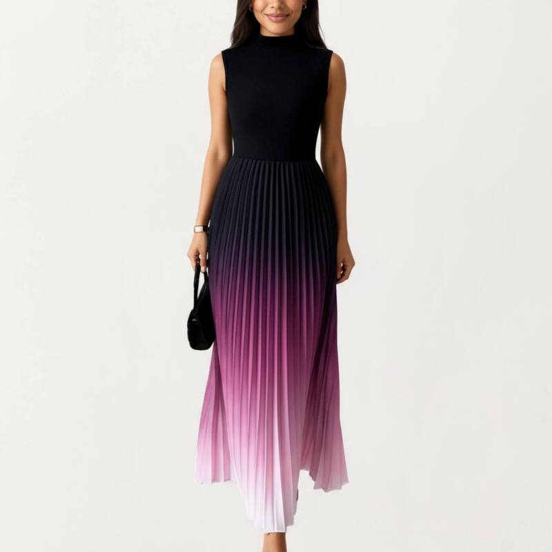 アンナカシ レディース トップス ワンピース モックネック プリーツ スカート ノースリーブ マキシ Anna-Kaci Women'sleeveless Mock Neck Pleated Maxi Dress with Gradient Ombre Skirt Black ブラック|ReVida 店