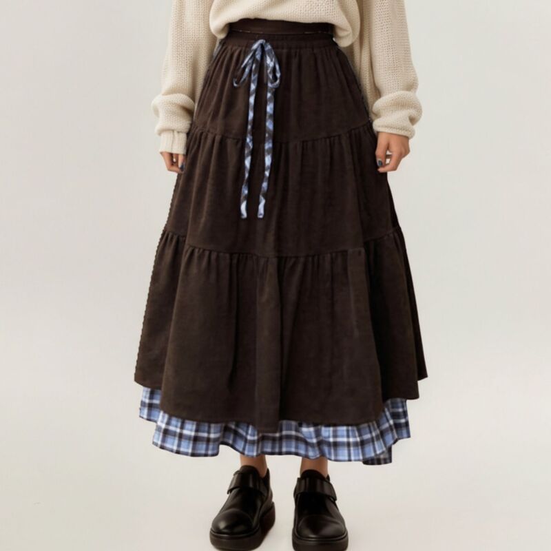 アンナカシ レディース ボトムスカート ティアードローコードウエスト ミディ Anna-Kaci Women &rsquo; s Tiered Midi Skirt with Adjustable Drawstring Waist and Layered Plaid Hem Detail Brown ブラウン｜ReVida 店