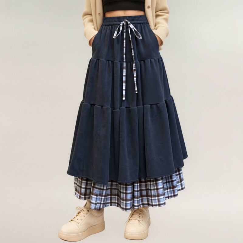 アンナカシ レディース ボトムスカート ティアードローコードウエスト ミディ Anna-Kaci Women &rsquo; s Tiered Midi Skirt with Adjustable Drawstring Waist and Layered Plaid Hem Detail Gray グレー｜ReVida 店