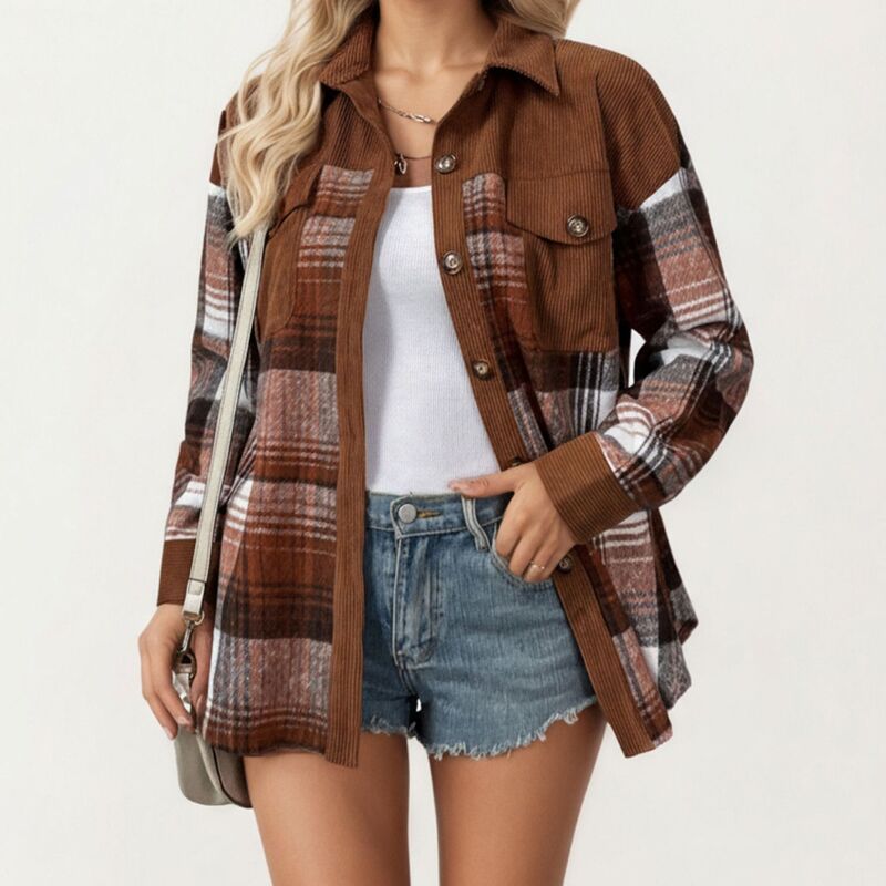 アンナカシ レディース アウター 上衣・上衣 コール天 プルオーバー 対比 Anna-Kaci Women\u0027s Plaid Button Front Shirt Jacket with Soft Corduroy Contrast Long Sleeves Chest Pocket Detail Brown 赤銅色