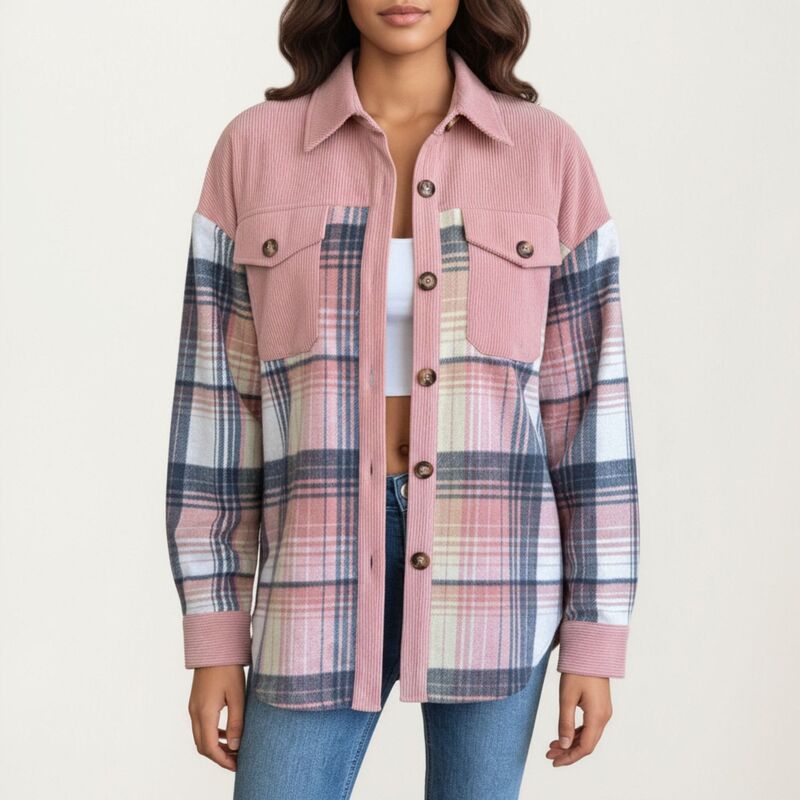 アンナカシ レディース アウター 上衣・上衣 コール天 プルオーバー 対比 Anna-Kaci Women\u0027s Plaid Button Front Shirt Jacket with Soft Corduroy Contrast Long Sleeves Chest Pocket Detail Pink サクラ色