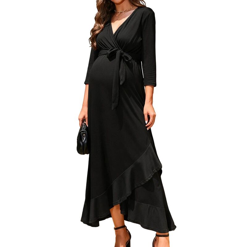 せつ然たる御花 レディース トップス 衣装 Vのど首 マタニティ マキシ ClearFlower Women\u0027s Maternity Wrap V-Neck Maxi Dress Casual 3/4 Sleeve Party Long Dress Black 黒いこと