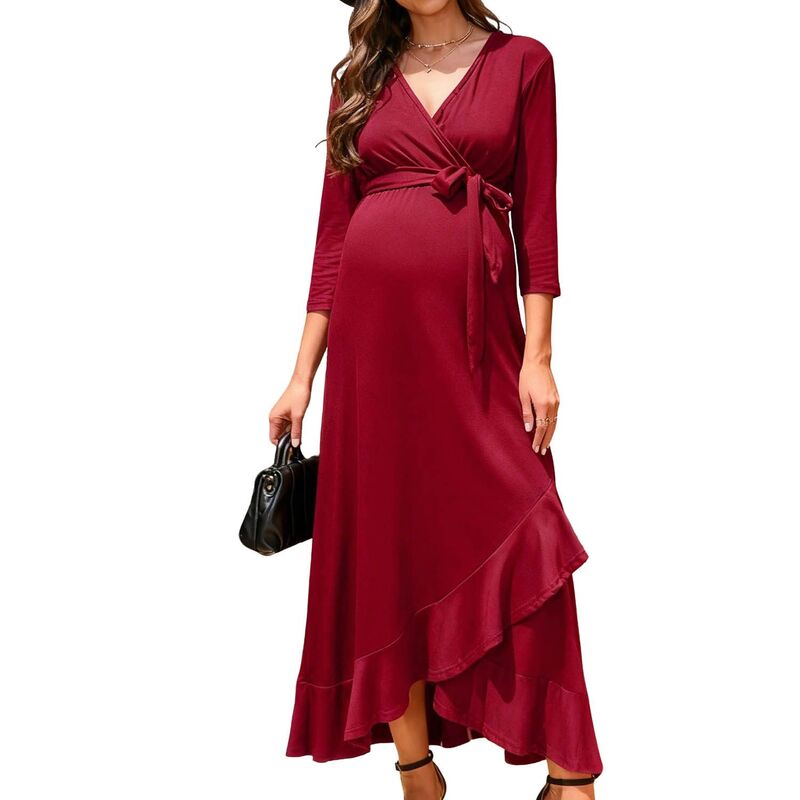 せつ然たる御花 レディース トップス 衣装 Vのど首 マタニティ マキシ ClearFlower Women\u0027s Maternity Wrap V-Neck Maxi Dress Casual 3/4 Sleeve Party Long Dress Wine Red 赤いこと