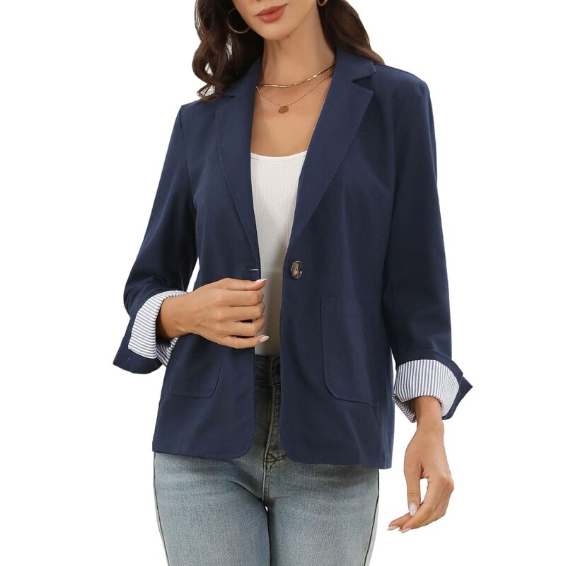 インスパイア 今めかしい レディース アウター 上衣・上衣 綿織物 スポーツジャケット リネン INSPIRE CHICotton Linen Blazers for Women\u0027s Business Casual One Button Work Jacket Office Suit Navy Blue 米国海軍