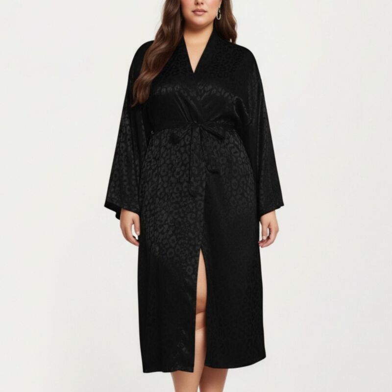 アンナカシ レディース アンダーお召しもの ナイト爵お召しもの 繻子 絹地 Anna-Kaci Women\u0027 satin Jacquard Leopard Pattern Robe with Waistie Silky Fabric Wide Sleeves Black 黒いこと