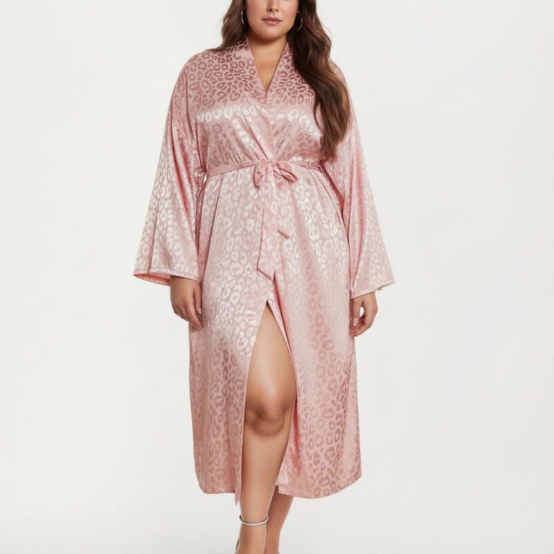 アンナカシ レディース アンダーお召しもの ナイト爵お召しもの 繻子 絹地 Anna-Kaci Women\u0027 satin Jacquard Leopard Pattern Robe with Waistie Silky Fabric Wide Sleeves Pink サクラ色
