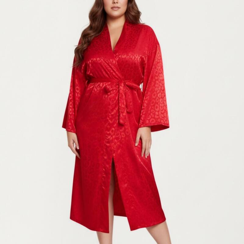 アンナカシ レディース アンダーお召しもの ナイト爵お召しもの 繻子 絹地 Anna-Kaci Women\u0027 satin Jacquard Leopard Pattern Robe with Waistie Silky Fabric Wide Sleeves Red 赤いこと
