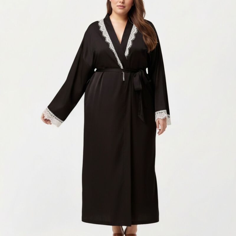 アンナカシ レディース アンダーお召しもの ナイト爵お召しもの 足し加える大きさ Anna-Kaci Women\u0027s Plusize Long Robe with Cuffs Featuring Soft Flowing Fabric and Adjustable Belt Black 黒いこと