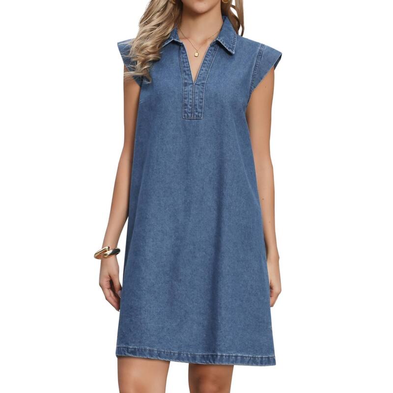 インスパイア 今めかしい レディース トップス 衣装 Vのど首 ジーンズ 旗がしら INSPIRE CHIC Denim Dress for Women V Neck Cap Sleeve Loose Above the Knee Casual Tunic Jean Dress Blue 青色