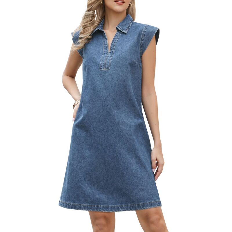 インスパイア 今めかしい レディース トップス 衣装 Vのど首 ジーンズ 旗がしら INSPIRE CHIC Denim Dress for Women V Neck Cap Sleeve Loose Above the Knee Casual Tunic Jean Dress Gray Blue 薄墨色