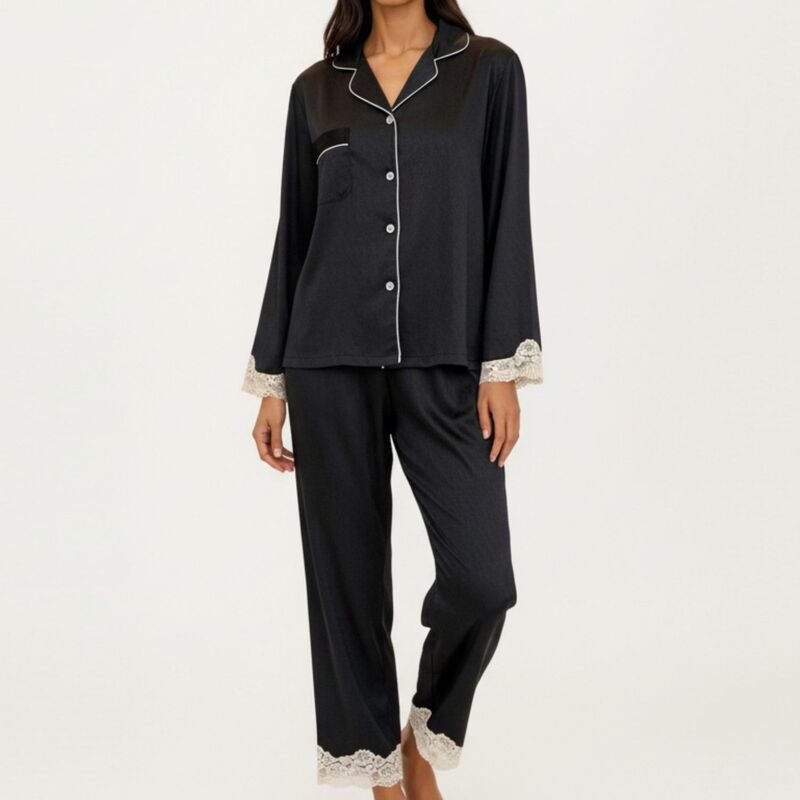 アンナカシ レディース アンダーお召しもの ナイト爵お召しもの ズボン下 繻子 Anna-Kaci Women\u0027s 2-Piece Set Satin Button Front Pajama Top and Matching Elastic Waist Pants Black 黒いこと