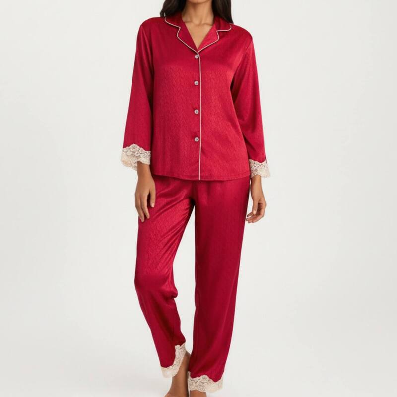 アンナカシ レディース アンダーお召しもの ナイト爵お召しもの ズボン下 繻子 Anna-Kaci Women\u0027s 2-Piece Set Satin Button Front Pajama Top and Matching Elastic Waist Pants Burgundy バーガンディ