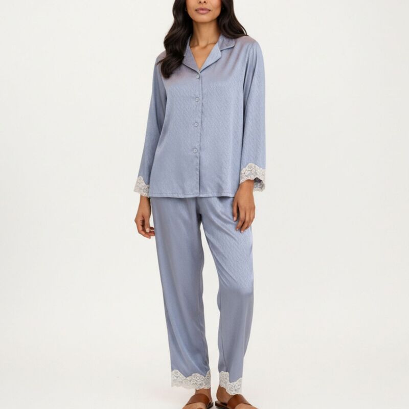 アンナカシ レディース アンダーお召しもの ナイト爵お召しもの ズボン下 繻子 Anna-Kaci Women\u0027s 2-Piece Set Satin Button Front Pajama Top and Matching Elastic Waist Pants Gray 薄墨色