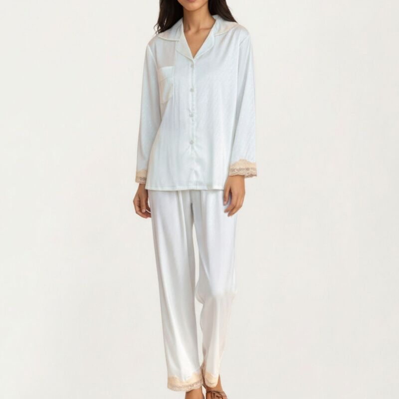 アンナカシ レディース アンダーお召しもの ナイト爵お召しもの ズボン下 繻子 Anna-Kaci Women\u0027s 2-Piece Set Satin Button Front Pajama Top and Matching Elastic Waist Pants White 白いこと
