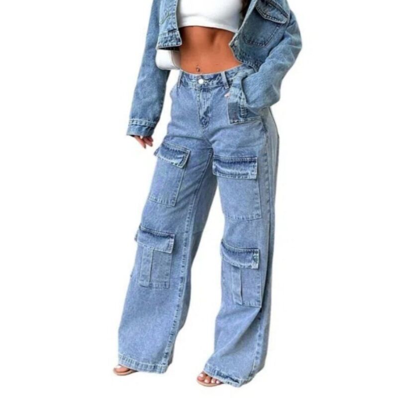 救い主流行り物 レディース ボトムス ジーンズズボン下 ワイドレッグ カーゴパンツ デニム Yesfashion Women Cargo Pants Lowaisted Wide Leg Casual Denim Jeans 6 Pockets Y2K Streetwear Baggy Jeans Blue 青色