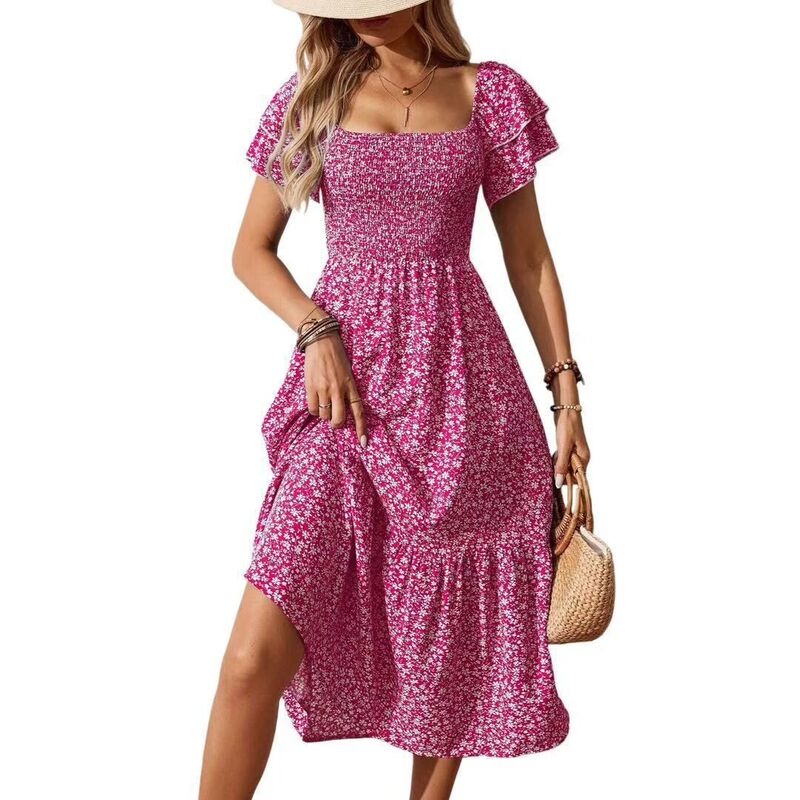 せつ然たる御花 レディース トップス 衣装 ティアード フラウンス MIDI シャーリング ClearFlower Women\u0027s Casual Summer Midi Dress Ruffle Short Sleeve Square Neck Smocked Tiered Ruffle Dresses Pink Floral サクラ色
