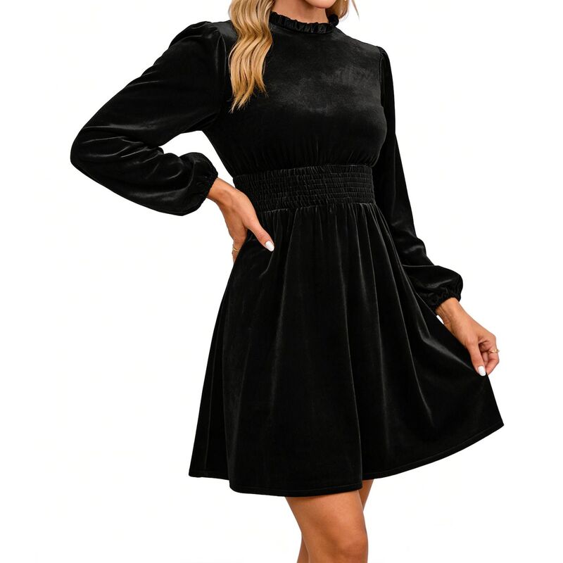せつ然たる御花 レディース トップス 衣装 フラウンス ミニ 天鵝絨 シャーリング ClearFlower Women\u0027s Velvet Long Sleeve Mini Dress Ruffled Neck Smocked Waist Flowy Party Cocktail Dress Black 黒いこと