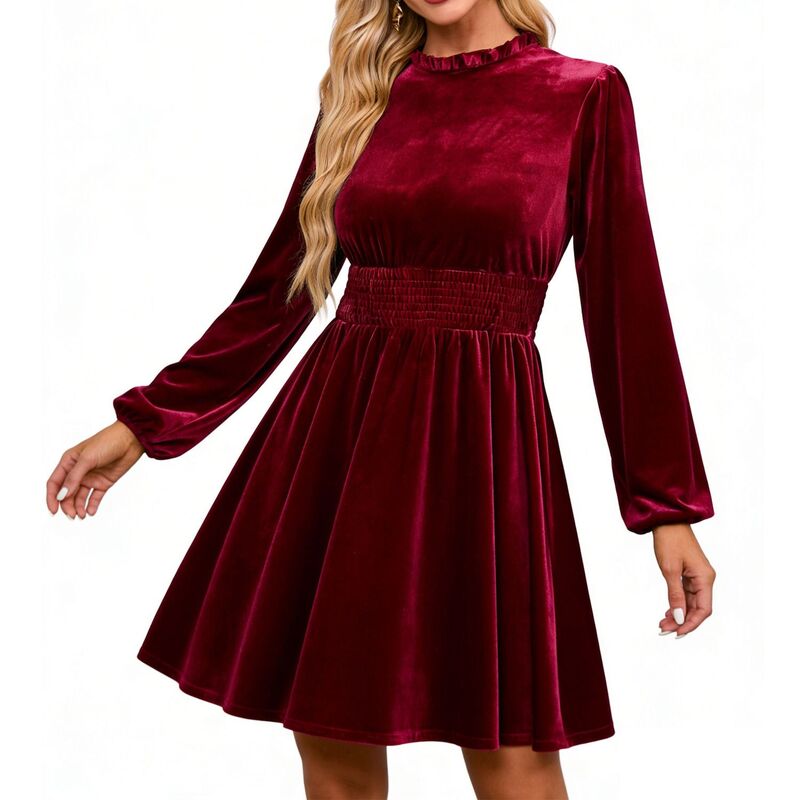 せつ然たる御花 レディース トップス 衣装 フラウンス ミニ 天鵝絨 シャーリング ClearFlower Women\u0027s Velvet Long Sleeve Mini Dress Ruffled Neck Smocked Waist Flowy Party Cocktail Dress Red 赤いこと