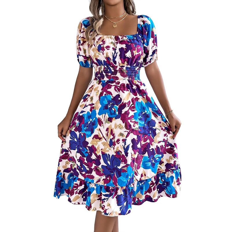せつ然たる御花 レディース トップス 衣装 A 生産ライン 御花柄 フラウンス MIDI ClearFlower Women\u0027square Neck Midi Dress Boho Floral Puff Sleeve Off Shoulderuffle A Line Dresses Blue 青色