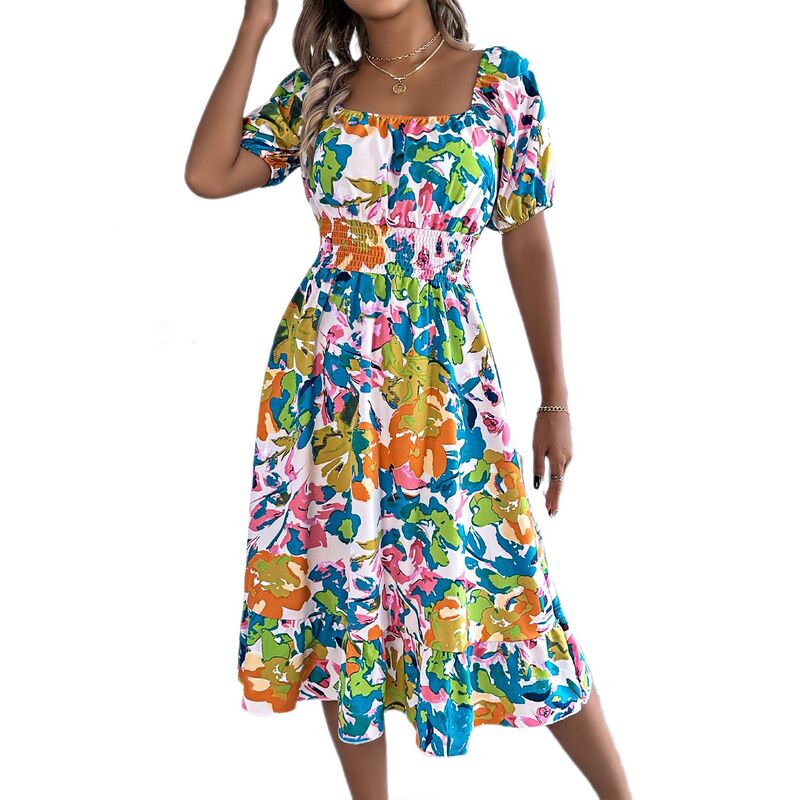 せつ然たる御花 レディース トップス 衣装 A 生産ライン 御花柄 フラウンス MIDI ClearFlower Women\u0027square Neck Midi Dress Boho Floral Puff Sleeve Off Shoulderuffle A Line Dresses Green 緑であること