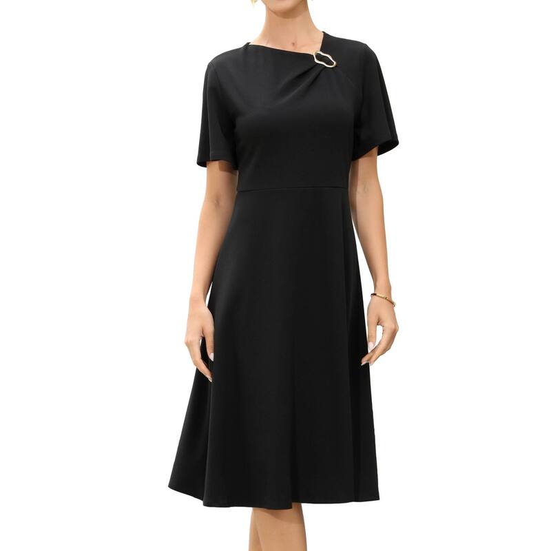 インスパイア 今めかしい レディース トップス 衣装 A 生産ライン MIDI INSPIRE CHIC Work Dress for Women Short Sleeve A-Line Business Casual Midi Dresses Black 黒いこと