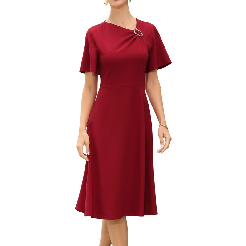 インスパイア 今めかしい レディース トップス 衣装 A 生産ライン MIDI INSPIRE CHIC Work Dress for Women Short Sleeve A-Line Business Casual Midi Dresses Red 赤いこと