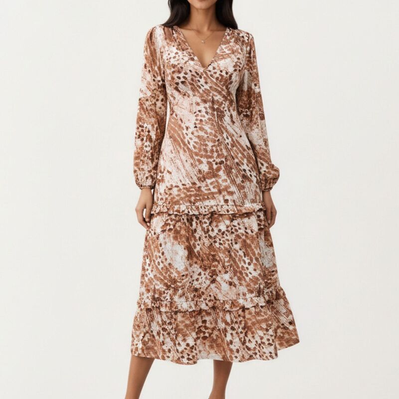 アンナカシ レディース トップス 衣装 ティアード 毛の荒物柄 刷り上げる Anna-Kaci Women ’ s Brown Animal Printieredress with Long Sleeves and V-Neckline Khaki カーキ