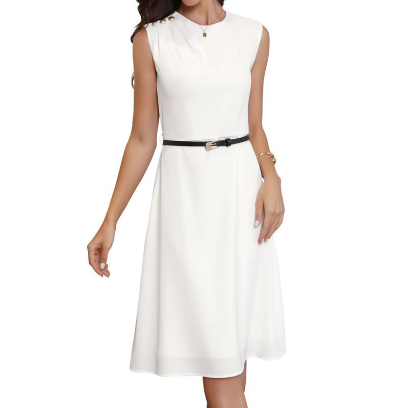 インスパイア 今めかしい レディース トップス 衣装 A 生産ライン ノースリーブ INSPIRE CHIC Work Dress for Women Sleeveless Button Decor Belted A Line Business Casual Dresses Cream White 白いこと