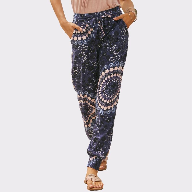 ラスカーナ レディース ボトムス 心地よいズボン下 Lascana Women\u0027s Patterned Tie Waist Jogger Pants Dark Blue Multicolor 青色