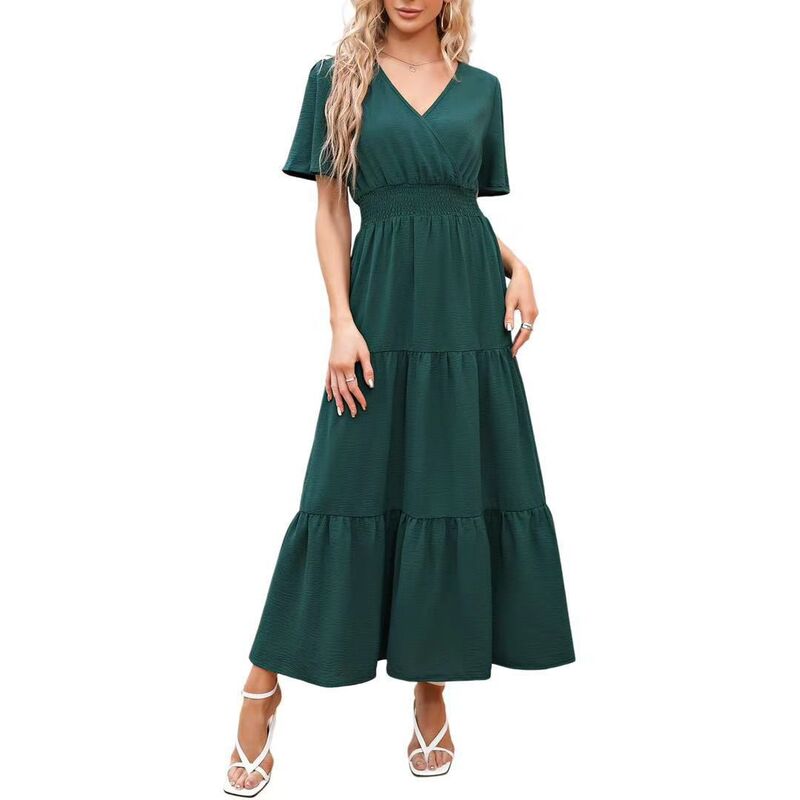 せつ然たる御花 レディース トップス 衣装 Vのど首 ティアード シャーリング マキシ ClearFlower Women\u0027summer Wrap V Neck Flutter Sleeve Maxi Dress Casual Smocked Waist Flowy Tiered Long Dress Dark Green 緑であること