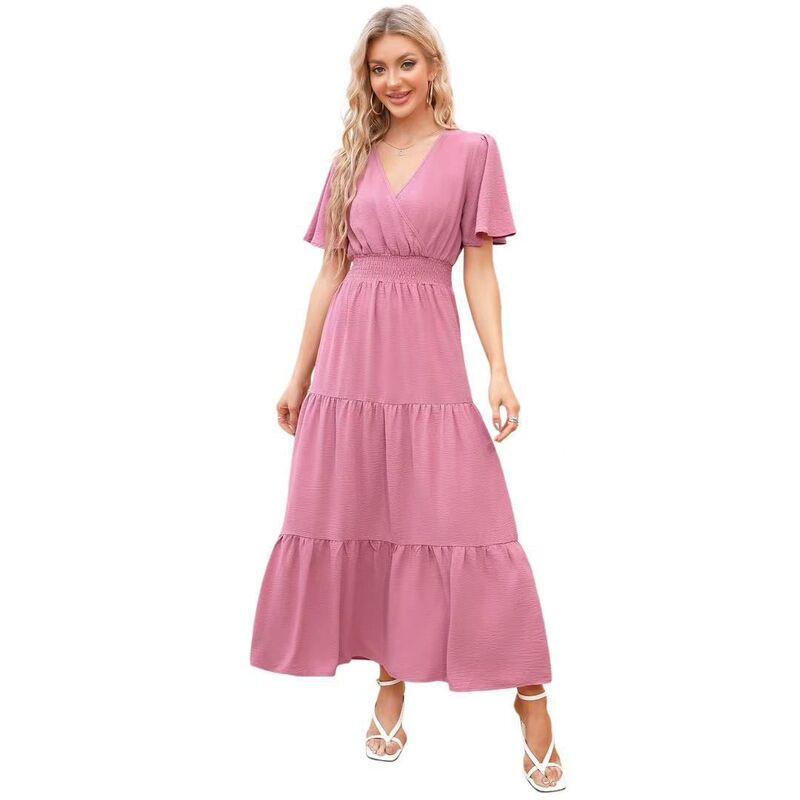 せつ然たる御花 レディース トップス 衣装 Vのど首 ティアード シャーリング マキシ ClearFlower Women\u0027summer Wrap V Neck Flutter Sleeve Maxi Dress Casual Smocked Waist Flowy Tiered Long Dress Dusty Pink サクラ色