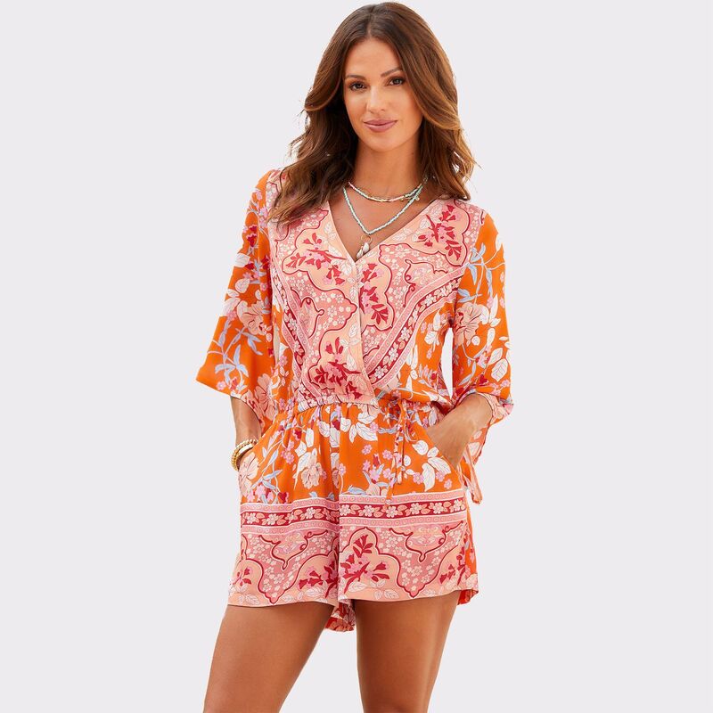 ラスカーナ レディース トップス 衣装 御花柄 ロンパース 御花 Lascana Women\u0027s Floral Wrap Look Romper Orange Multicolor オレンジ色
