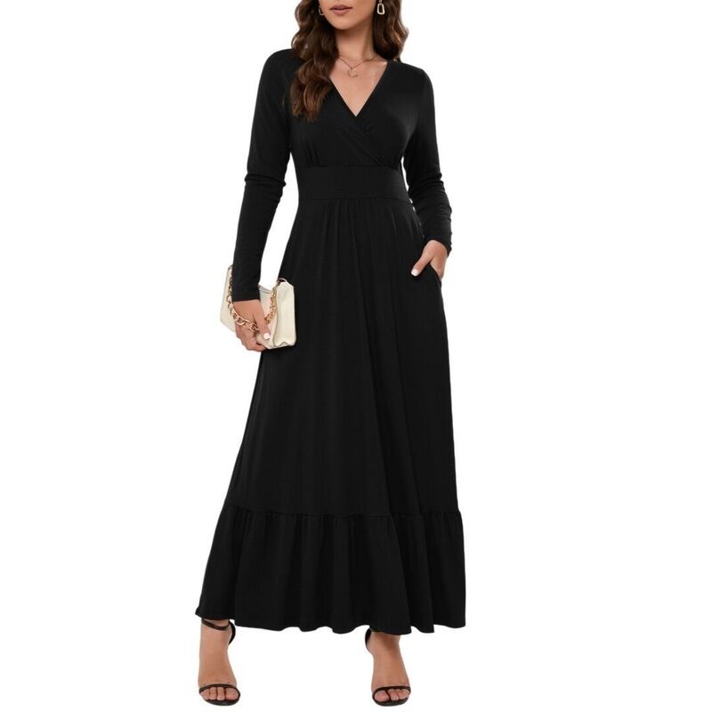 救い主流行り物 レディース トップス 衣装 Vのど首 マキシ Yesfashion Women Long Sleeve Deep V Neck Loose Plain Long Maxi Casual Dress With Pockets Black 黒いこと