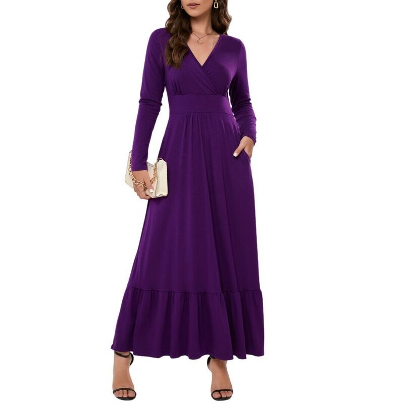 救い主流行り物 レディース トップス 衣装 Vのど首 マキシ Yesfashion Women Long Sleeve Deep V Neck Loose Plain Long Maxi Casual Dress With Pockets Purple パープル
