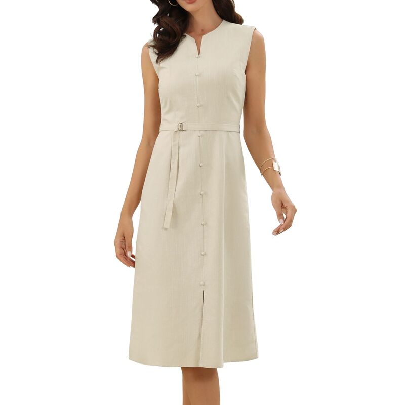 インスパイア 今めかしい レディース トップス 衣装 労働者の一団のど首 ノースリーブ リネン INSPIRE CHIC Linen Dresses for Women Summer Sleeveless Crew Neck Elegant Office Work Dresses with Belt Apricot 杏