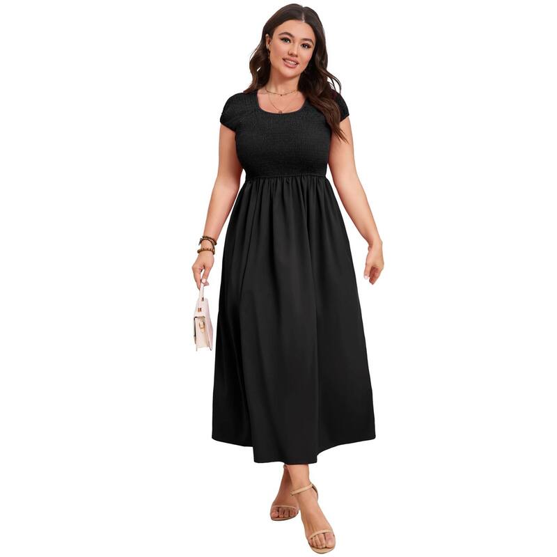 セオリア レディース トップス 衣装 足し加える大きさ シャーリング Seoria Women\u0027smocked Plusize Casual Short Sleeve Dress Black 黒いこと
