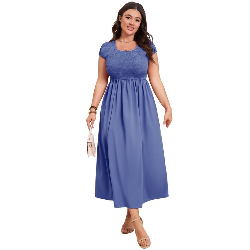 セオリア レディース トップス 衣装 足し加える大きさ シャーリング Seoria Women\u0027smocked Plusize Casual Short Sleeve Dress Blue 青色