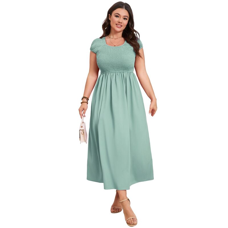 セオリア レディース トップス 衣装 足し加える大きさ シャーリング Seoria Women\u0027smocked Plusize Casual Short Sleeve Dress Green 緑であること