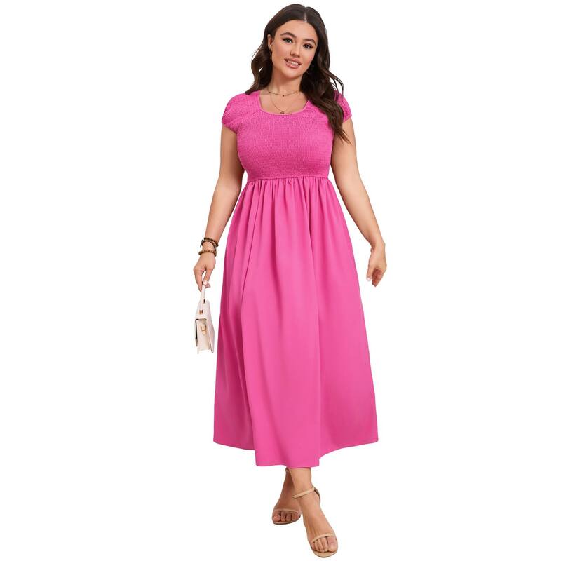 セオリア レディース トップス 衣装 足し加える大きさ シャーリング Seoria Women\u0027smocked Plusize Casual Short Sleeve Dress Rose Red 赤いこと