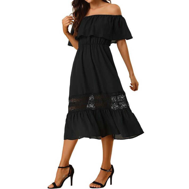 インスパイア 今めかしい レディース トップス 衣装 シフォン フラウンス スピード競技 マキシ INSPIRE CHIC Women\u0027s Chiffon Off Shoulderuffle Flutter Sleeve Lace Insert Boho Beach Vacation Maxi Dress Black 黒いこと