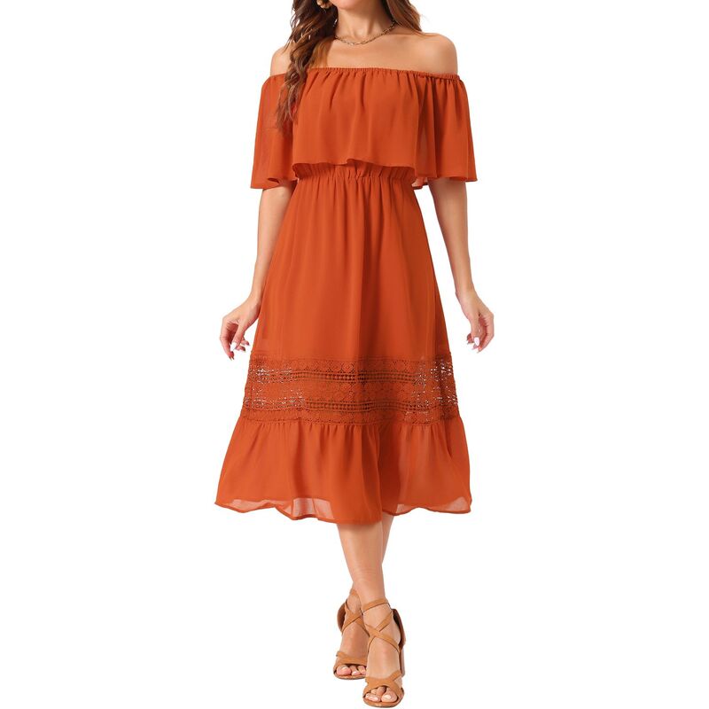 インスパイア 今めかしい レディース トップス 衣装 シフォン フラウンス スピード競技 マキシ INSPIRE CHIC Women\u0027s Chiffon Off Shoulderuffle Flutter Sleeve Lace Insert Boho Beach Vacation Maxi Dress Burnt Orange オレンジ色