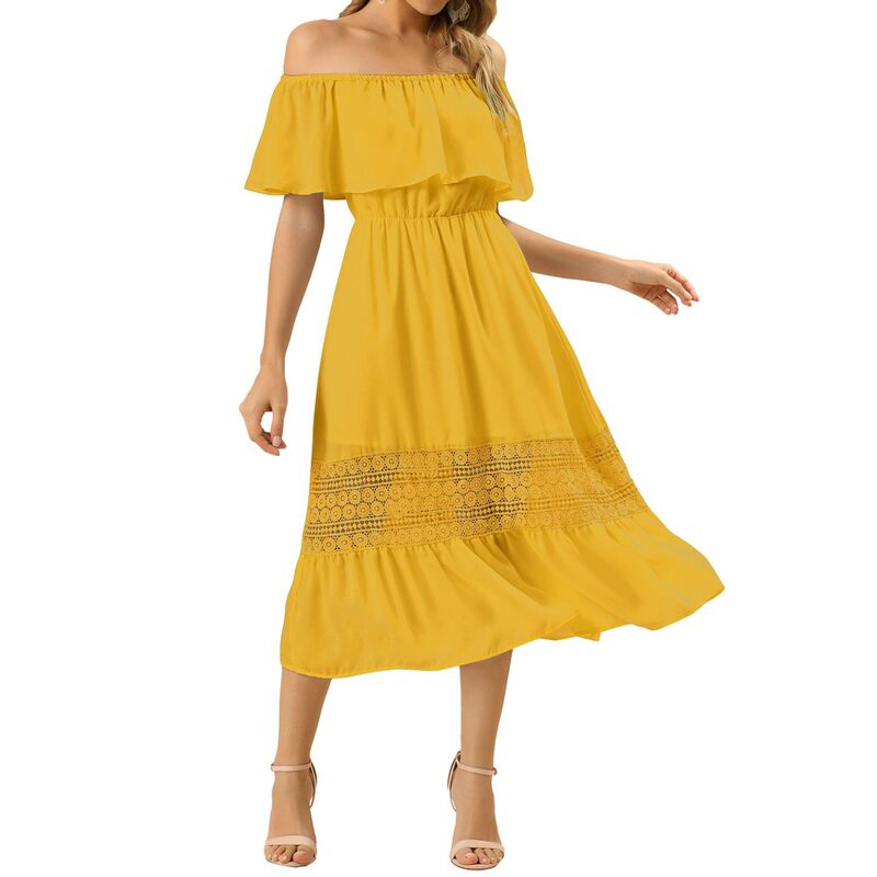 インスパイア シック レディース トップス ワンピース シフォン フリル レース マキシ INSPIRE CHIC Women's Chiffon Off Shoulderuffle Flutter Sleeve Lace Insert Boho Beach Vacation Maxi Dressaffron Yellow イエロー｜ReVida 店