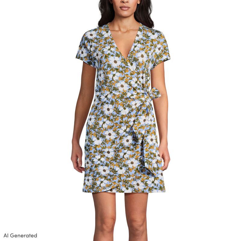 ランズエンド レディース トップス ワンピース Vネック ミニ コットン Women's Lands' End Cotton Modal V-Neck Mini Wrap Dress Blue Sky Floral ブルー|ReVida 店