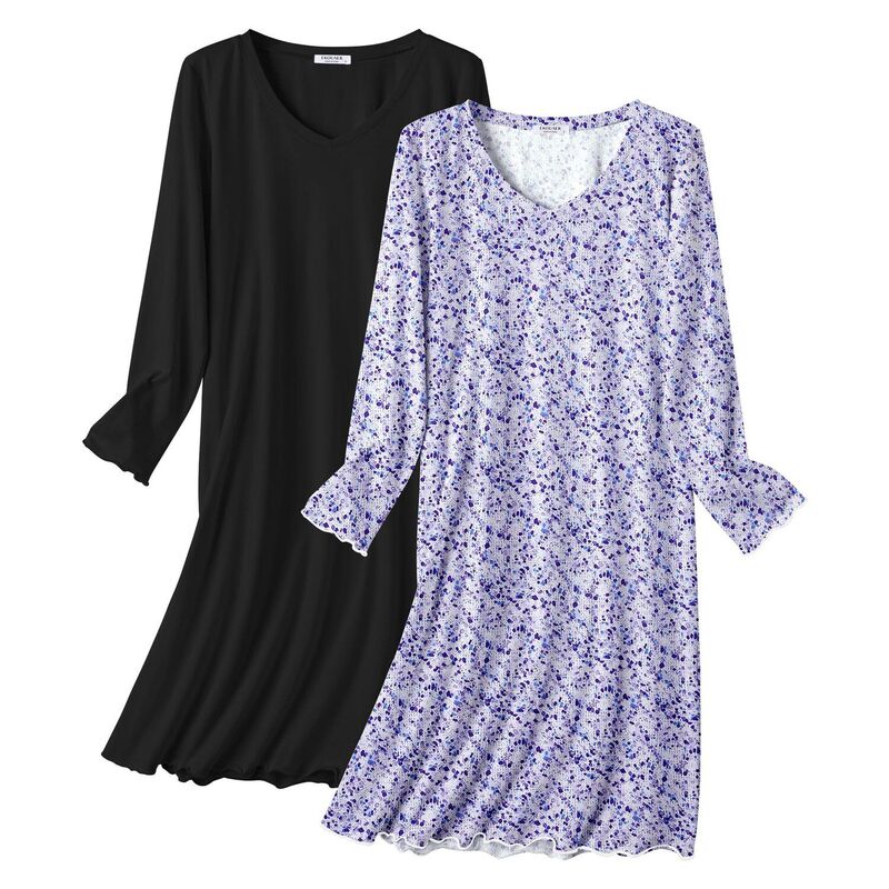エコアー レディース アンダーお召しもの ナイト爵お召しもの Vのど首 プルオーバー 綿織物 Ekouaer Cottonightgowns for Women 2 Pack Night Gown Long Sleeve Sleepshirts V Neck Night Shirt Black Purple Print 黒いこと