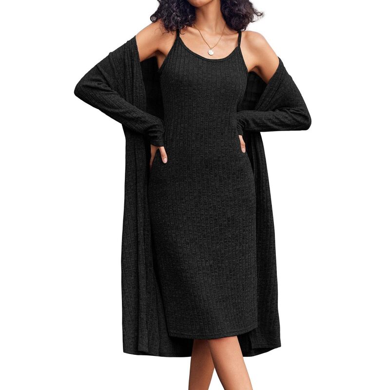 エコアー レディース アンダーお召しもの ナイト爵お召しもの 編み物 Ekouaer Womens Knit Robe Set 2 Piece Nightgown with Robes Long Sleeves Lounge Sets with Pockets Black 黒いこと