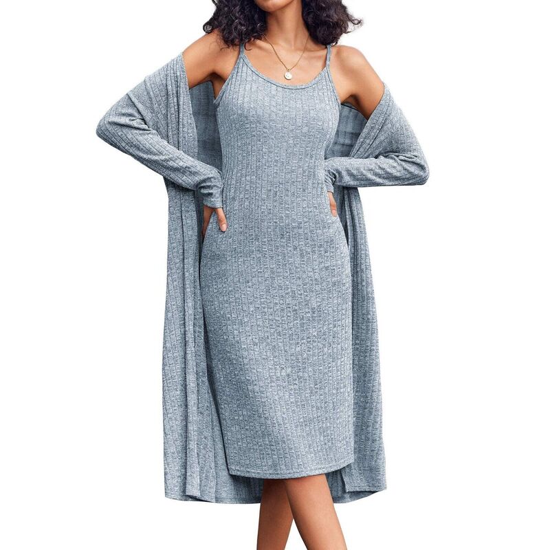 エコアー レディース アンダーお召しもの ナイト爵お召しもの 編み物 Ekouaer Womens Knit Robe Set 2 Piece Nightgown with Robes Long Sleeves Lounge Sets with Pockets Blue 青色